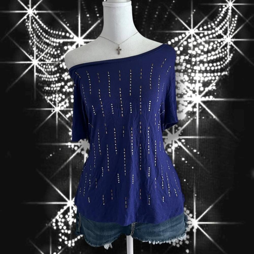 scattered vertical silver stud accents electric blue top
